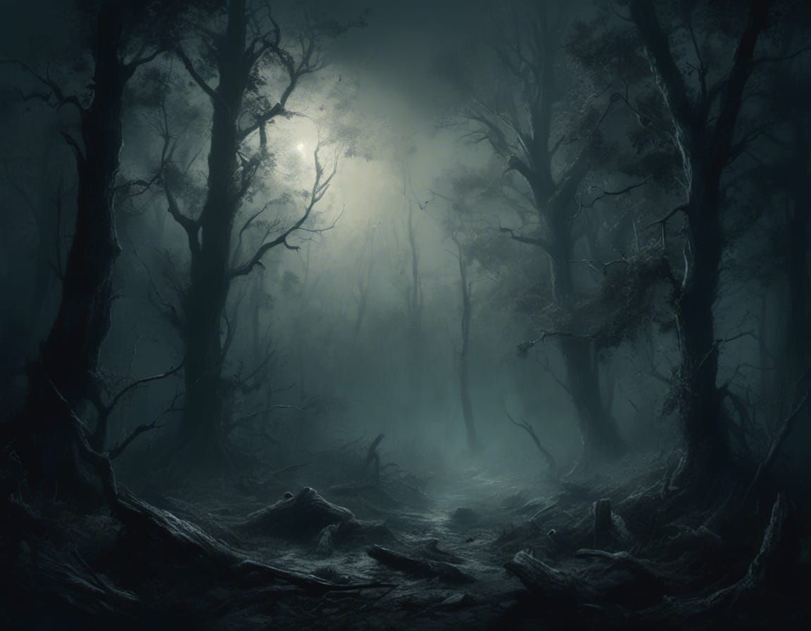 Ominous Foggy Forest at Night in Dark Fantasy Style