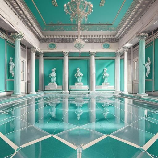 Vaporwave Greek Statues in Chromatic Baroque Poolroom