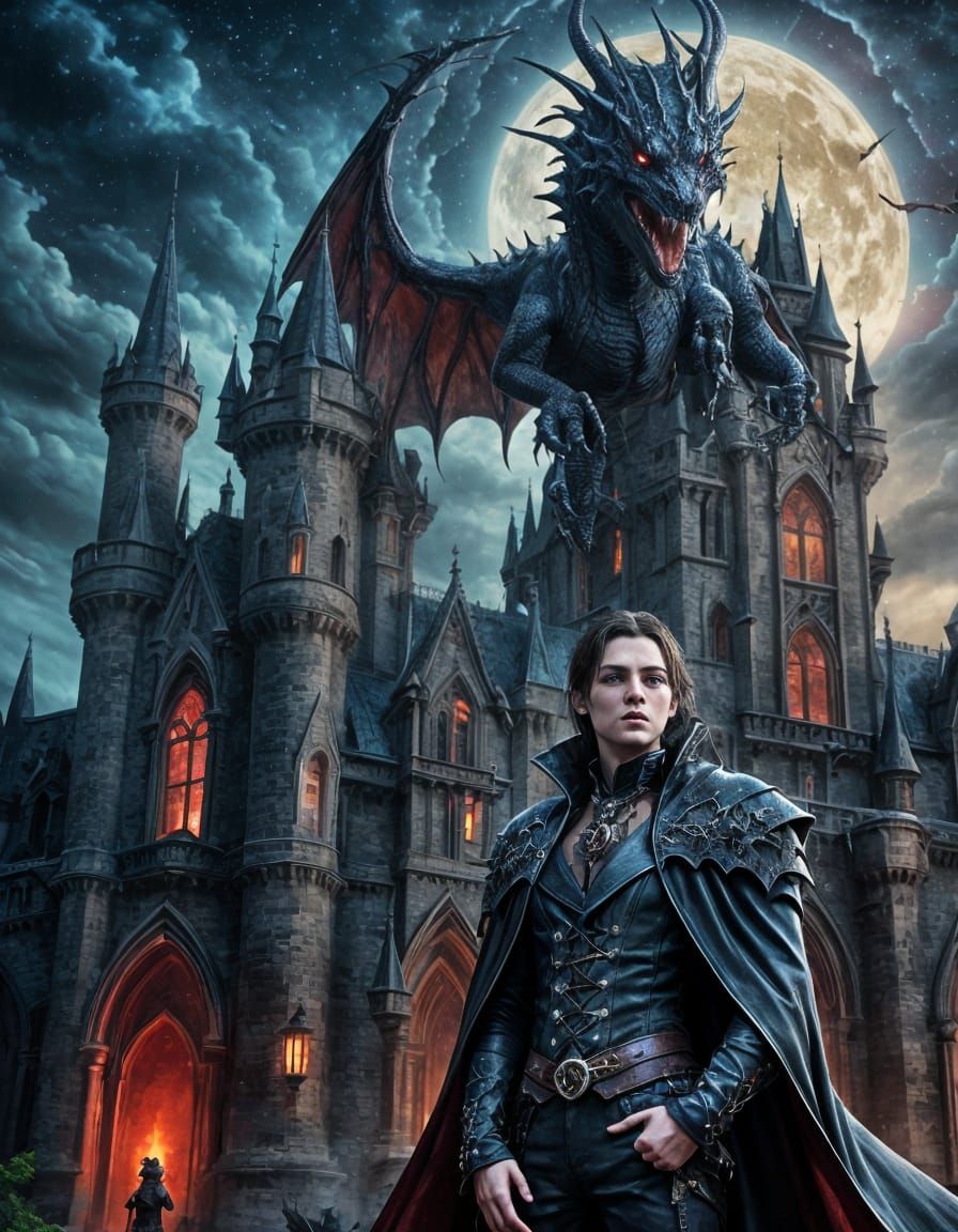 Gothic Vampire Castle with Dragon in Fantasy Art