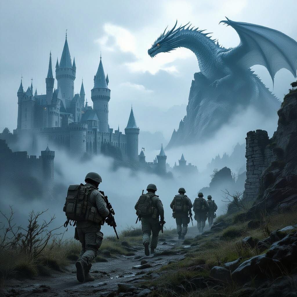 Marines in Ancient Mist-Shrouded Landscape with Castle and D...