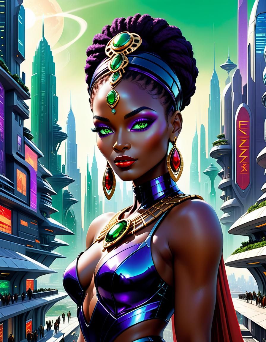 African woman in a futuristic city