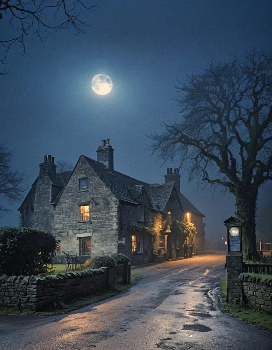 Gothic Noir: Men Approach Foggy Pub with Angel Statue