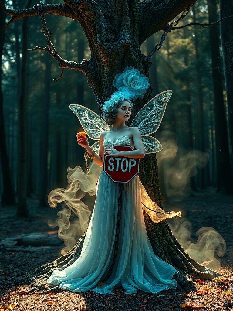 Enchanted Tree Fairy with Stop Sign in Dreamy Surrealism