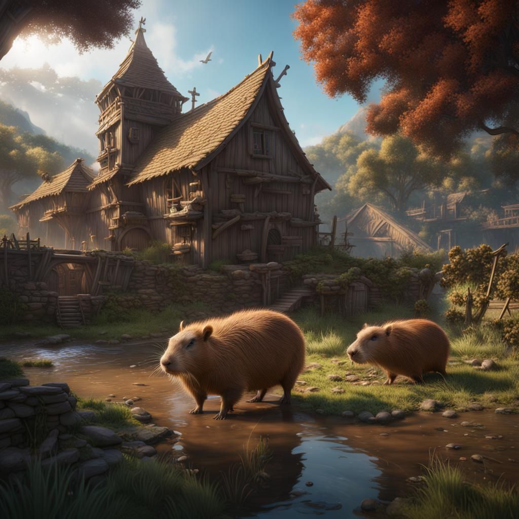 Fantastical Capybara Farm in Detailed Matte Painting