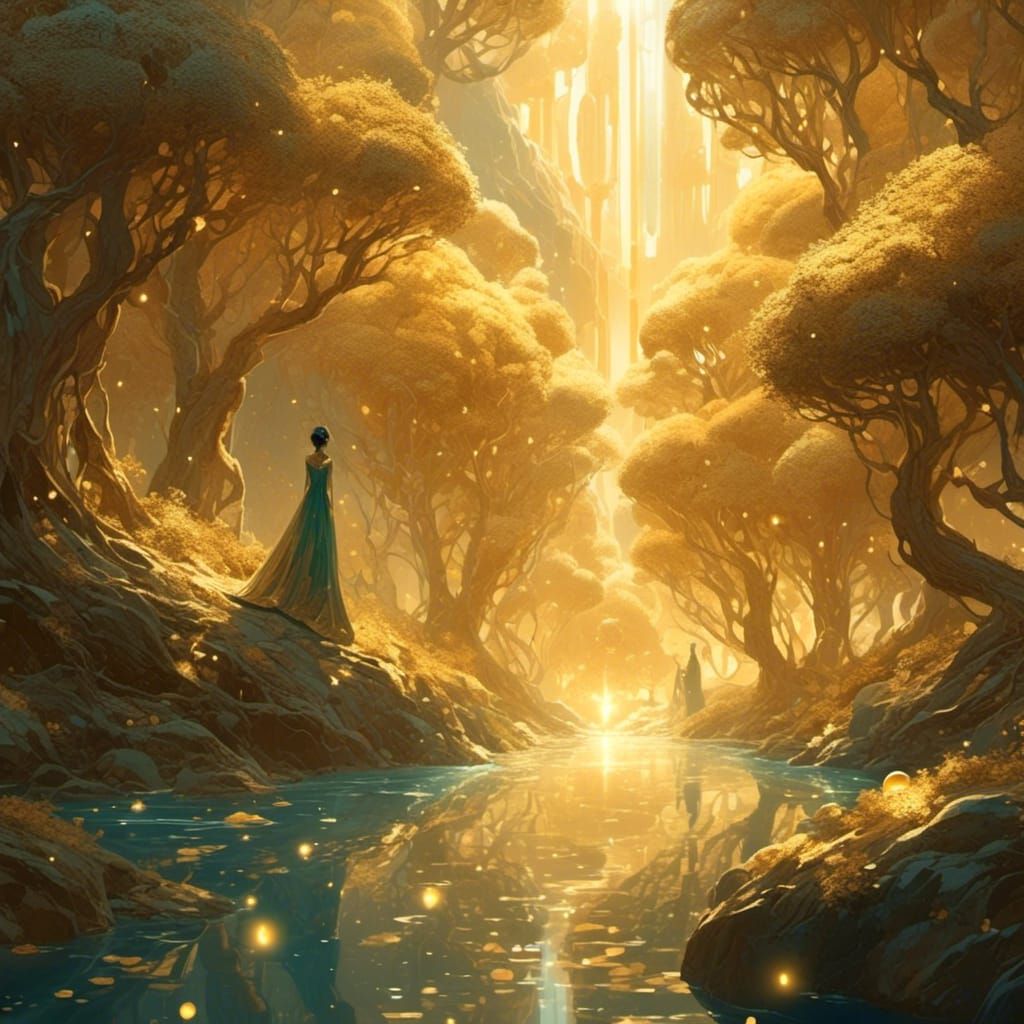 Golden Forest Through Lace Curtain, Illustration