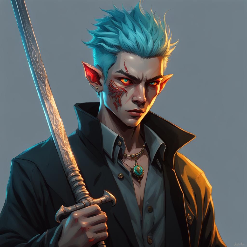Hyperrealistic Half-Oni Rogue with Turquoise Hair