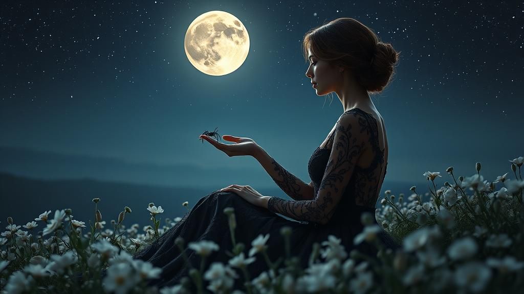 Moonlit Woman in Lace Gown, Matte Painting