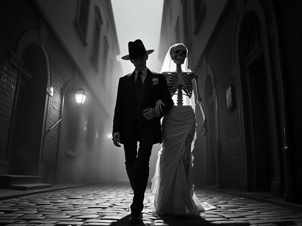 Tim Burton's Funeral Wedding. Victor and Emily walk down the foggy street of the World of the Dead