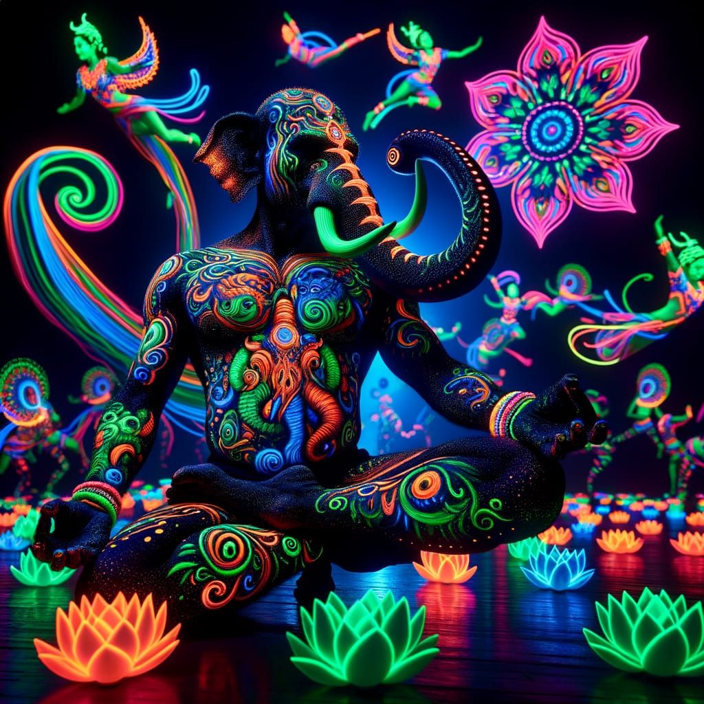 Psychedelic Ganesh Black Light Art with Fluorescent Tattoos