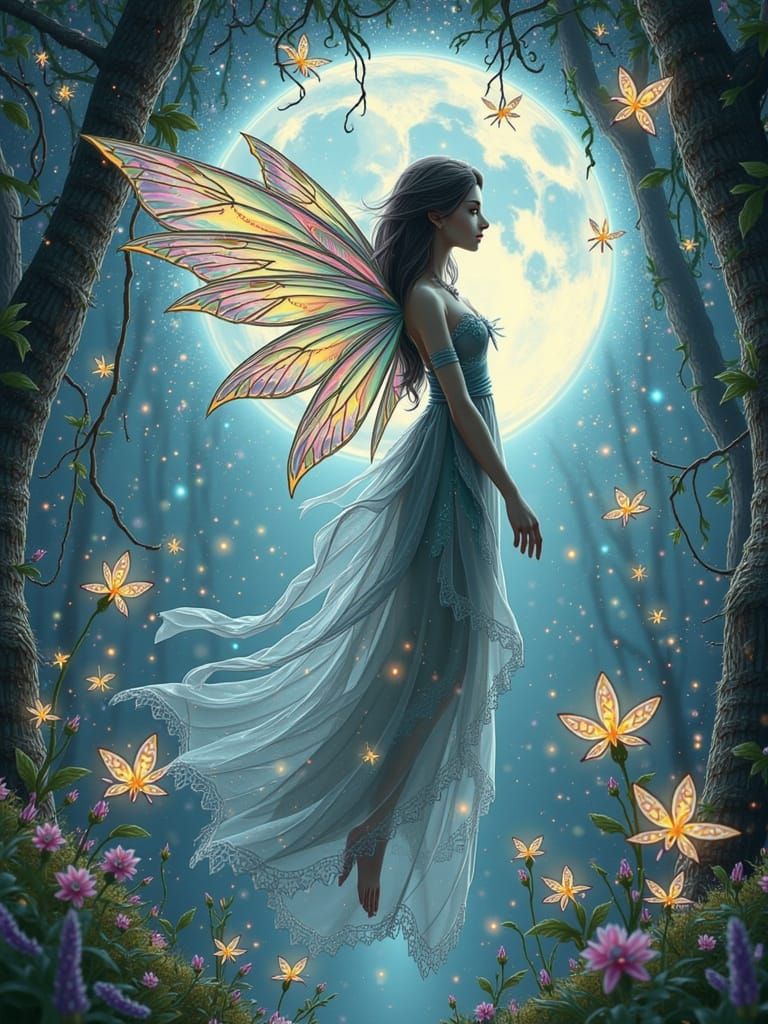 Ethereal Fairy in Moonlit Forest as Watercolor