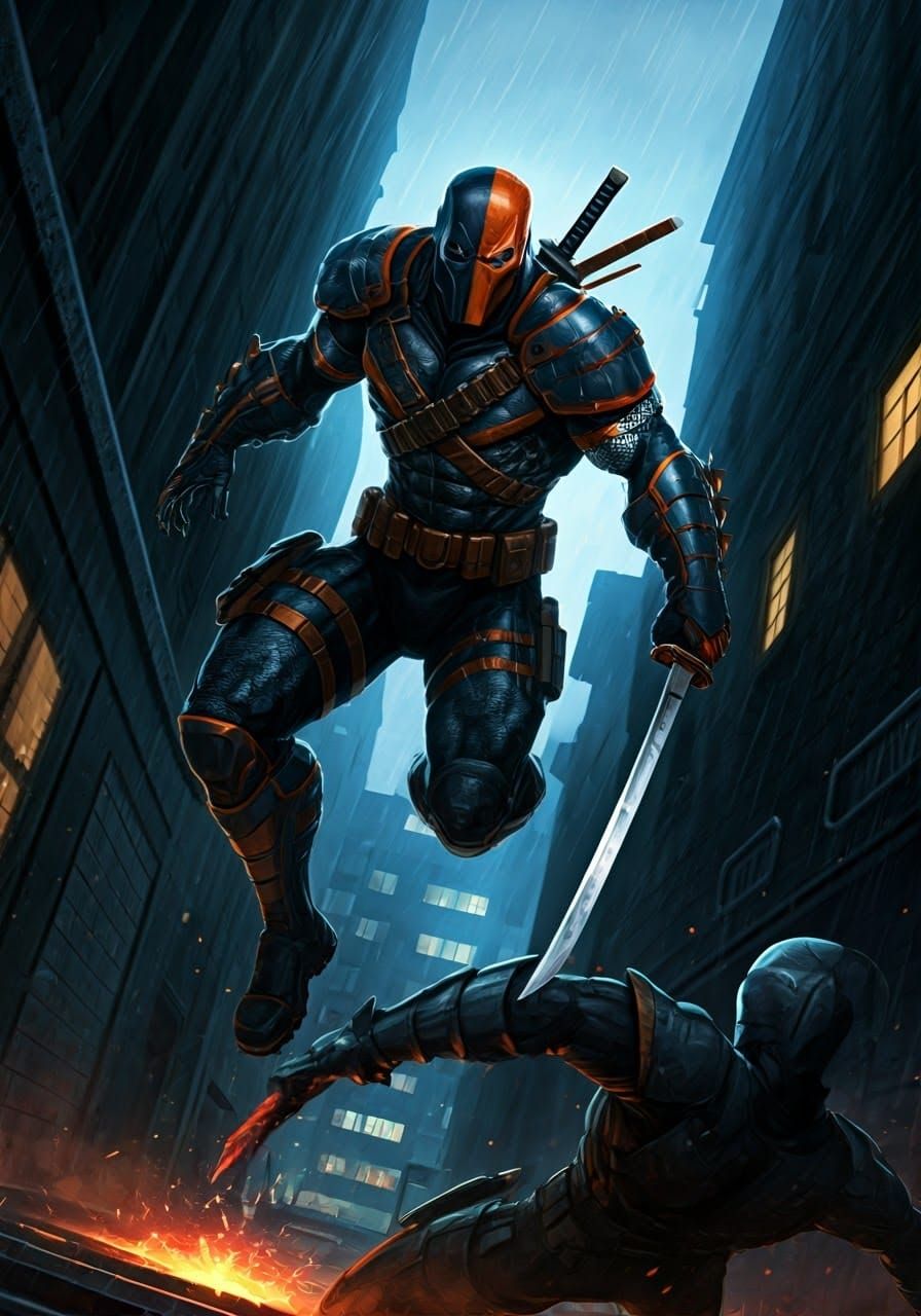 Deathstroke Leaps with Katana in Dark Alley