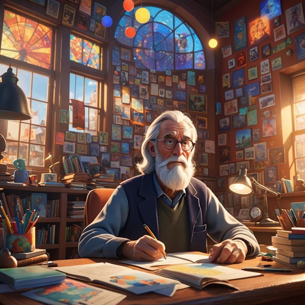 Elderly Author in Vibrant Study, Radiant Background
