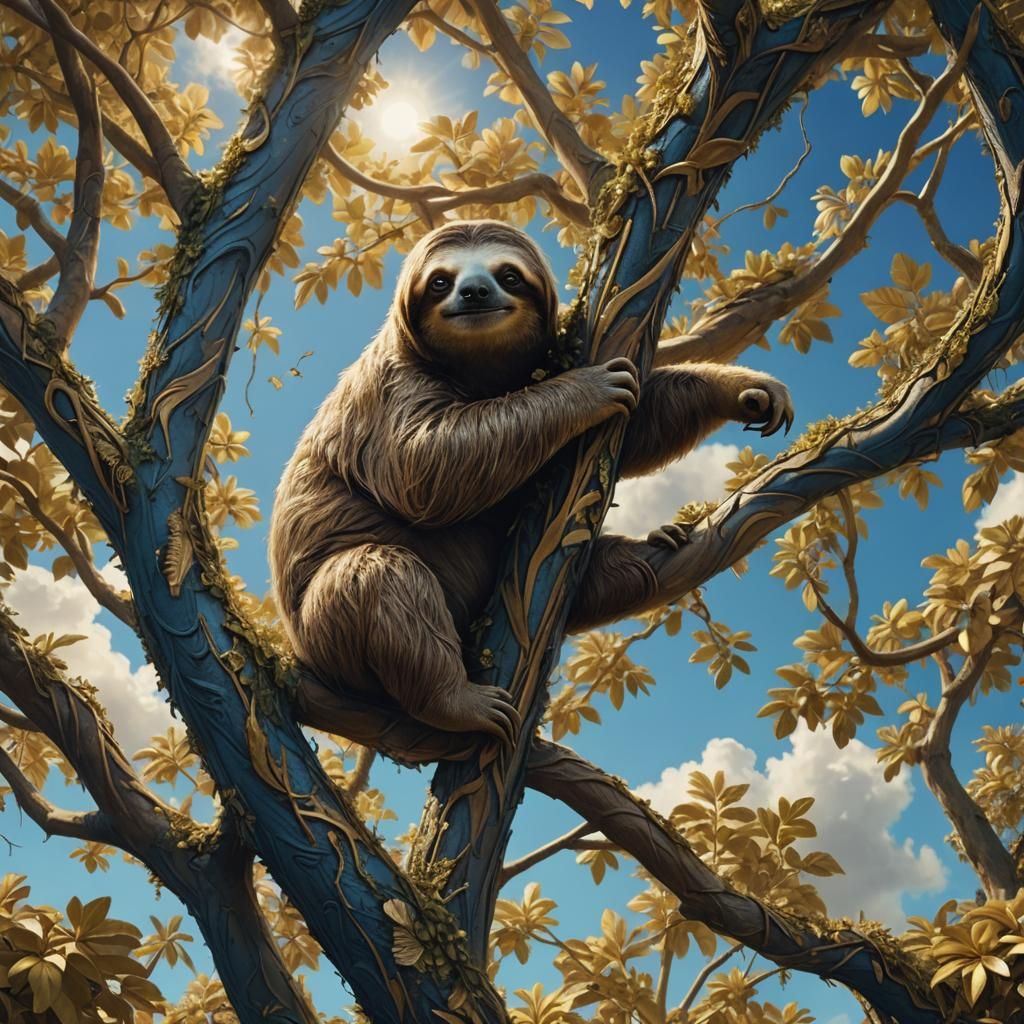 Sloth in Tree with Golden Sky: Digital Painting