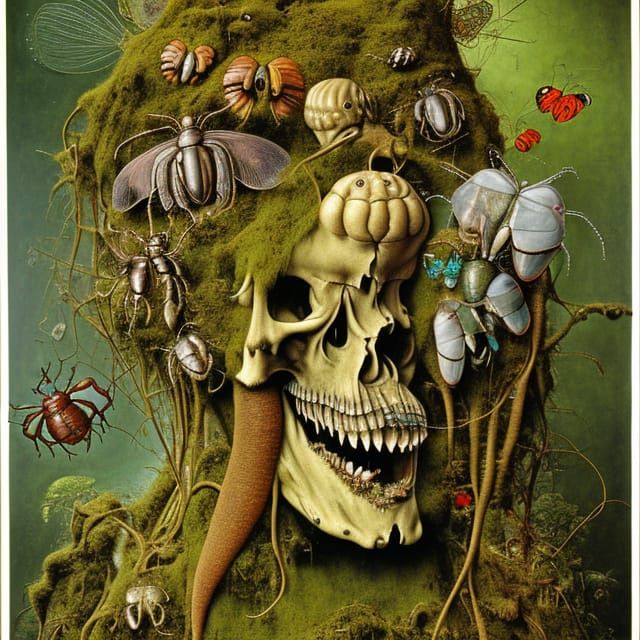 Moss Skull with Cockroach in Jungle, Detailed Fantasy Art