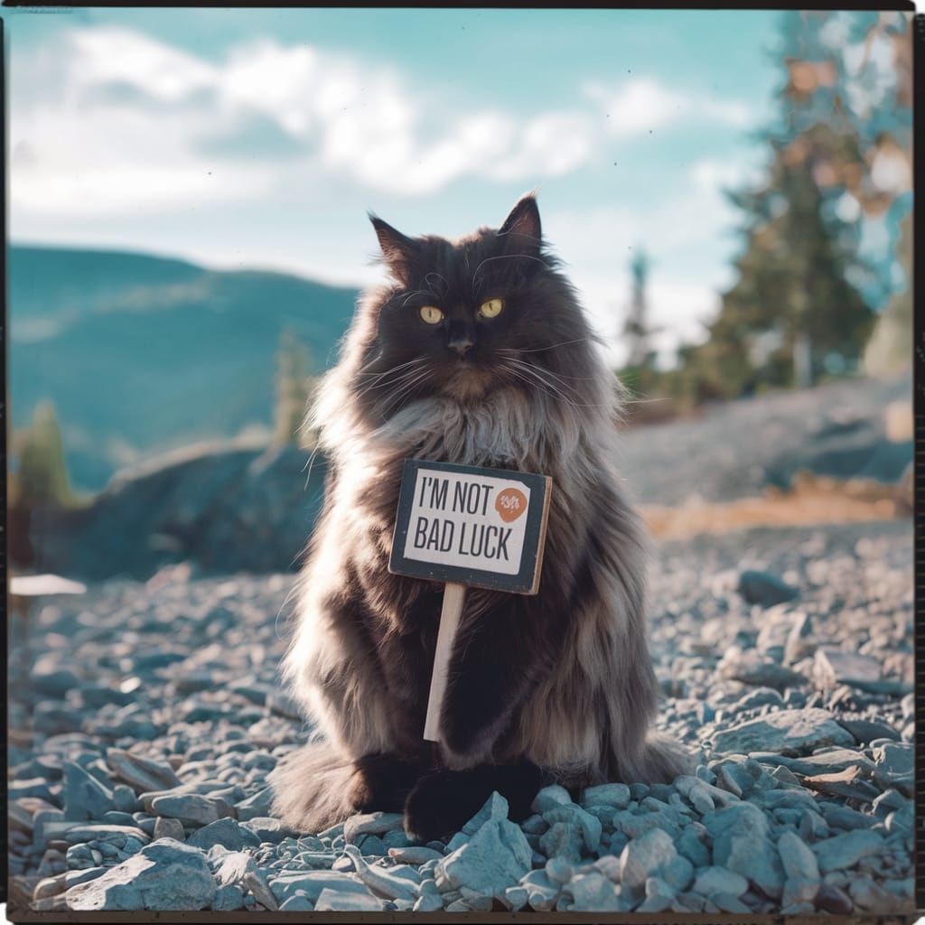 Cinematic Black Cat Proclaims Good Luck on Sign