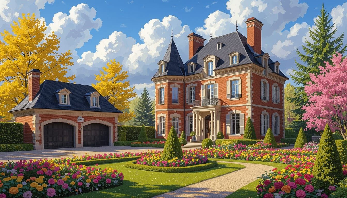 Grand Brick Chateau with Vibrant Garden and Painterly Style
