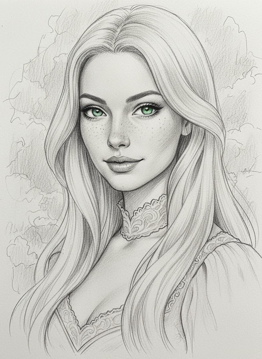 Pencil Sketch of a Beautiful Woman with Blonde Hair and Blue...