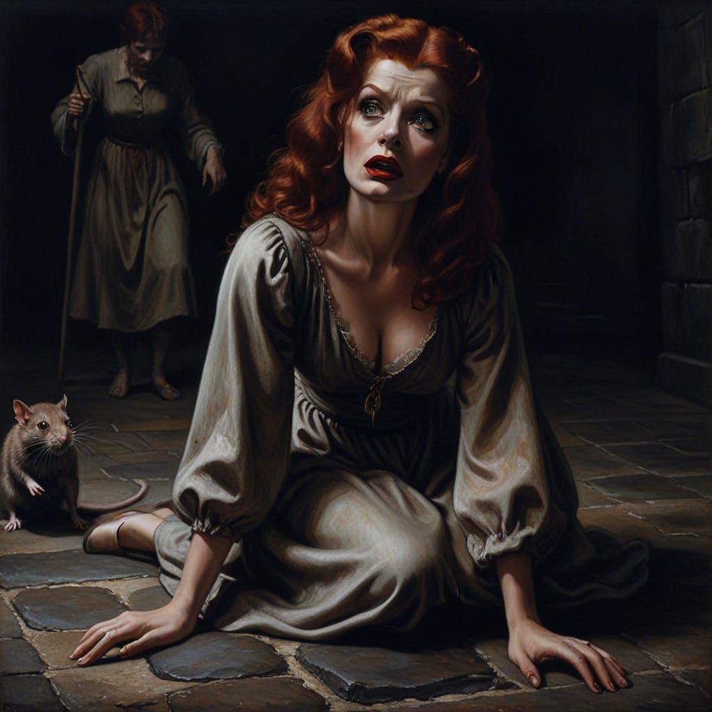 Surreal Oil Painting of a Horrified Woman in a Dark Dungeon