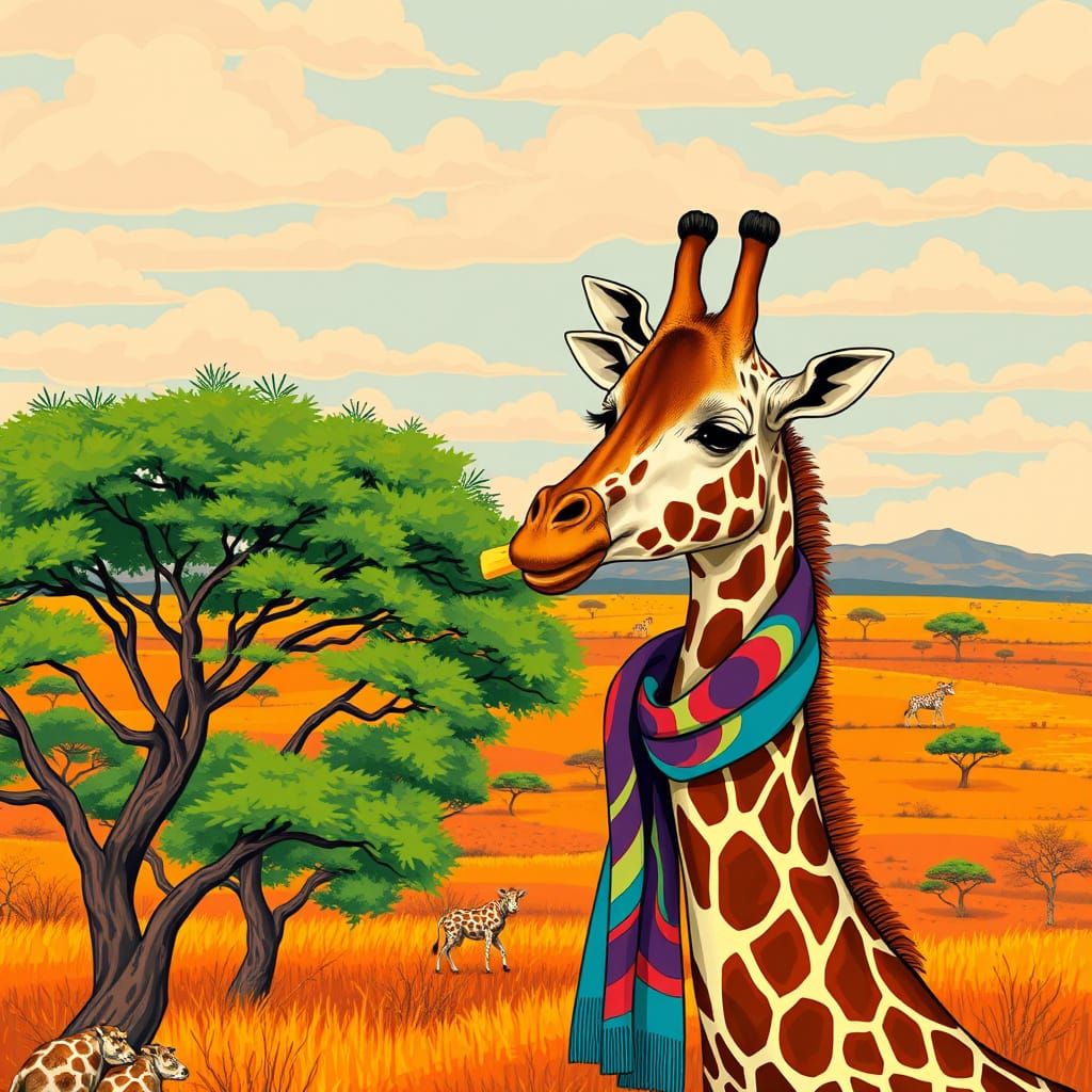Giraffe Enjoys Cheese in Takashi Murakami Style