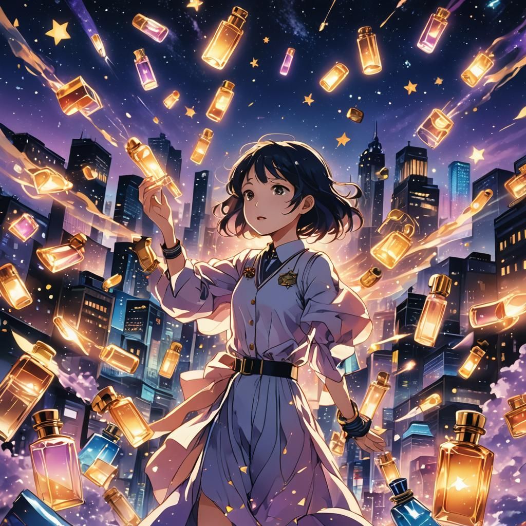 Anime Night Flight with Perfume Bottles
