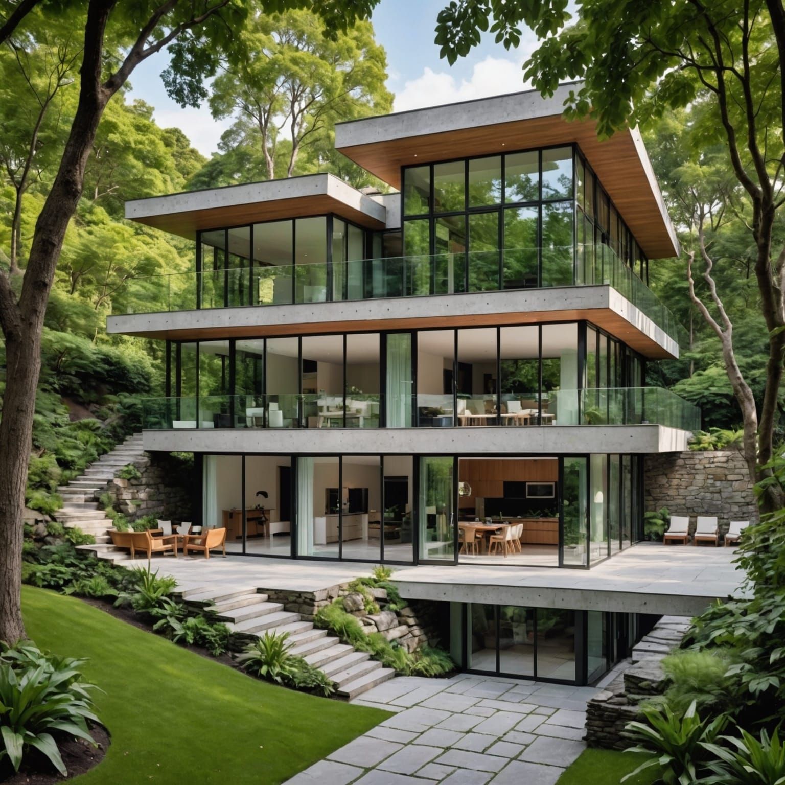 Modern Stone and Glass House in Lush Greenery