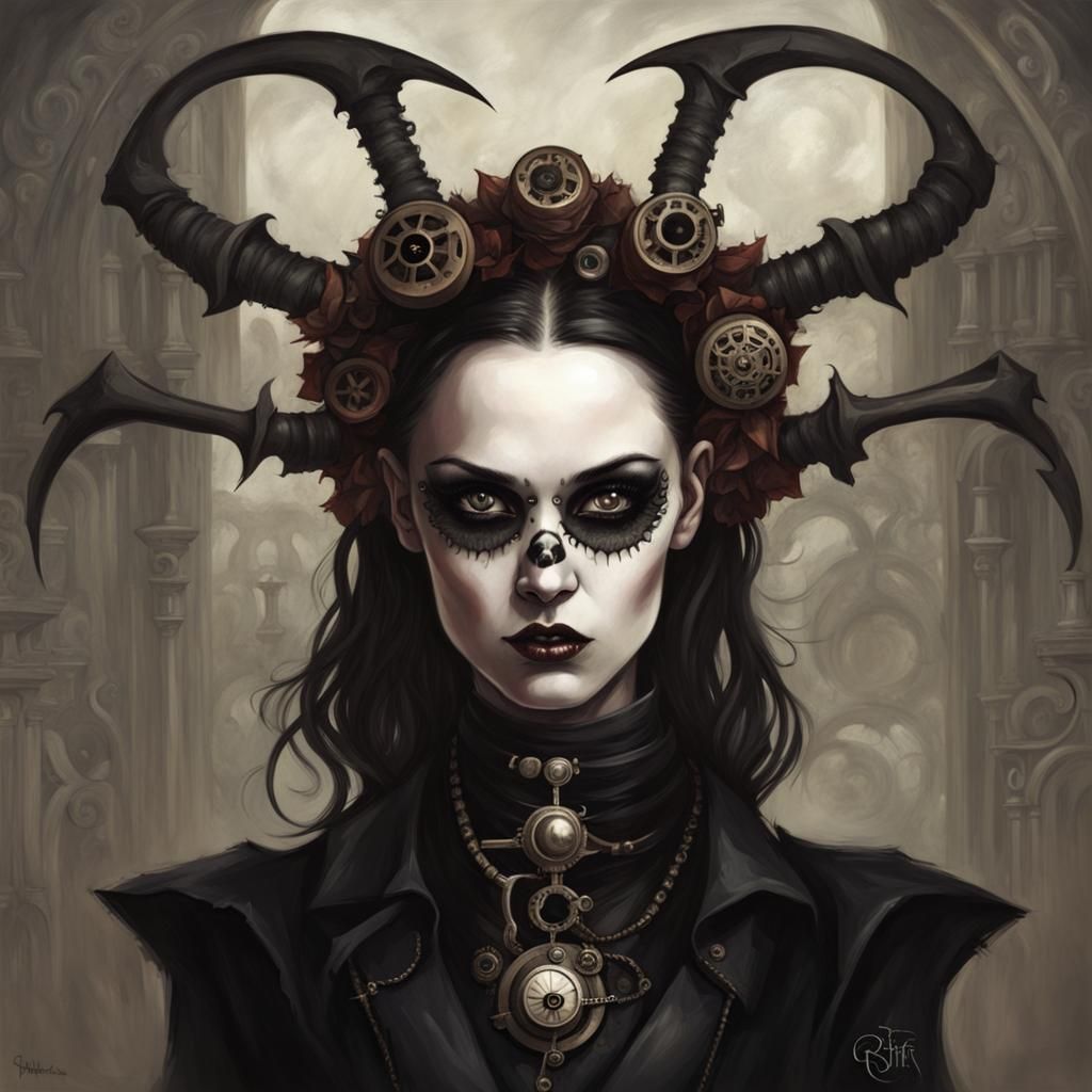 Sinister Steampunk Goth Girl with Black Eyes