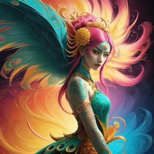 Dragon Peacock Woman in Abstract Expressionism Style