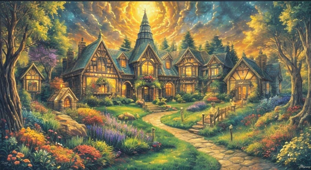 Thomas Kinkade-Inspired Masterpiece in Whimsical Fantasy Sty...