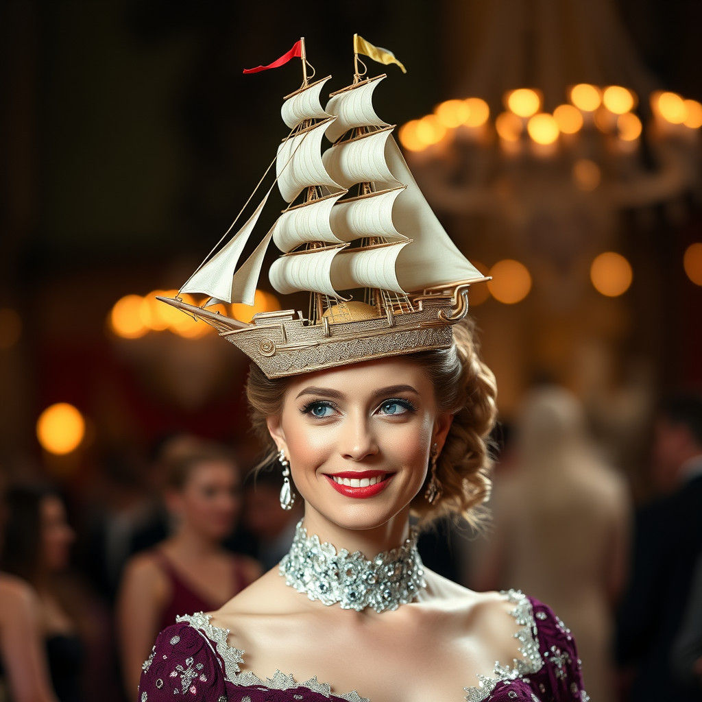 Intricate Ship Hat on Lady at King's Ball