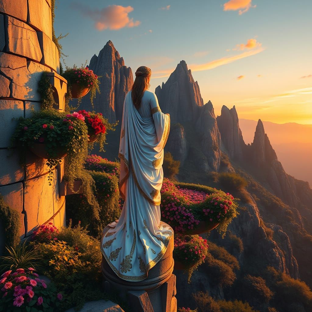 Greek Goddess Contemplates Hanging Garden at Twilight in Vib...