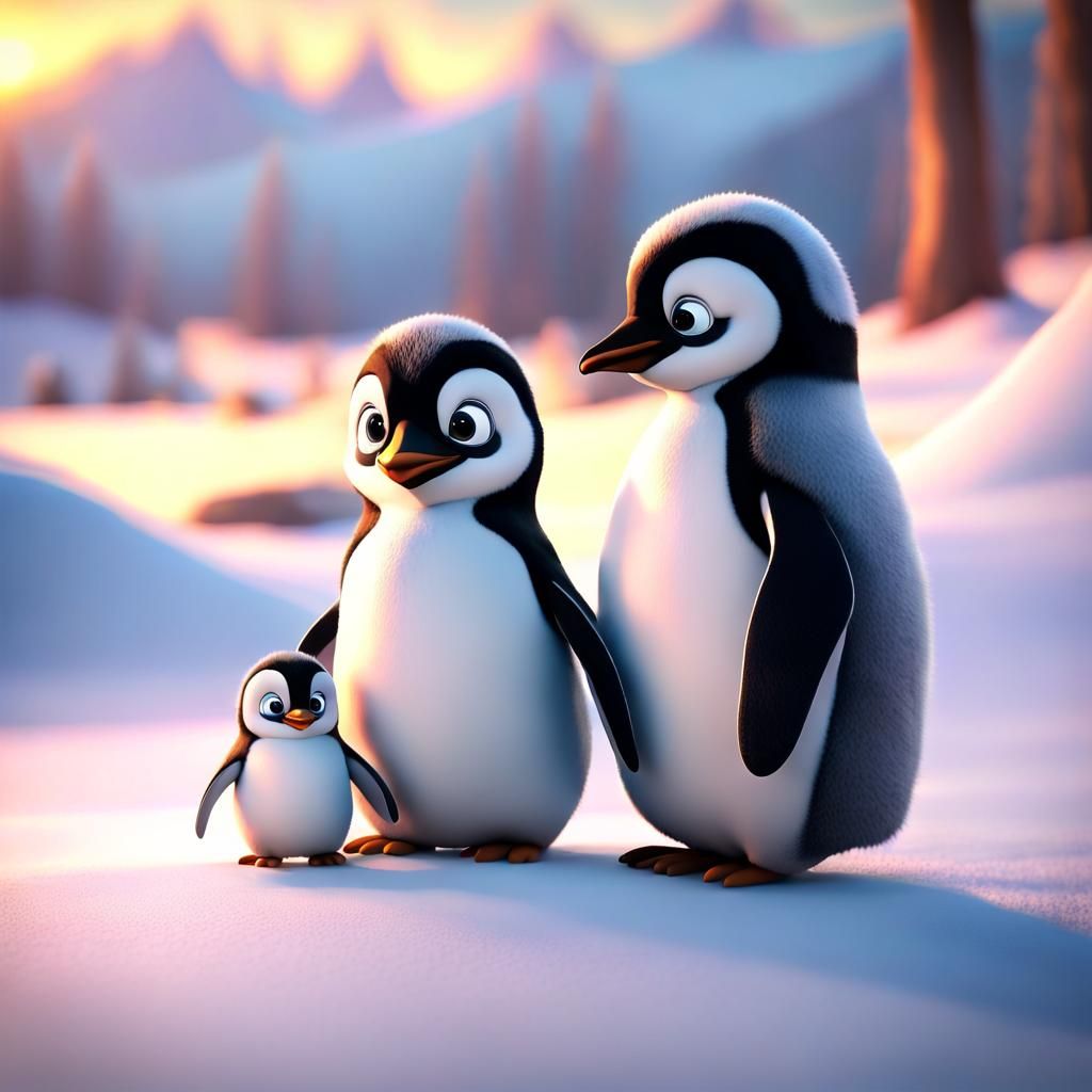 Cute Baby Penguin with Mom in Pixar Style