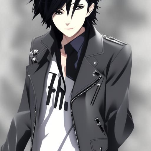Anime Style Man with Black Hair and Leather Jacket