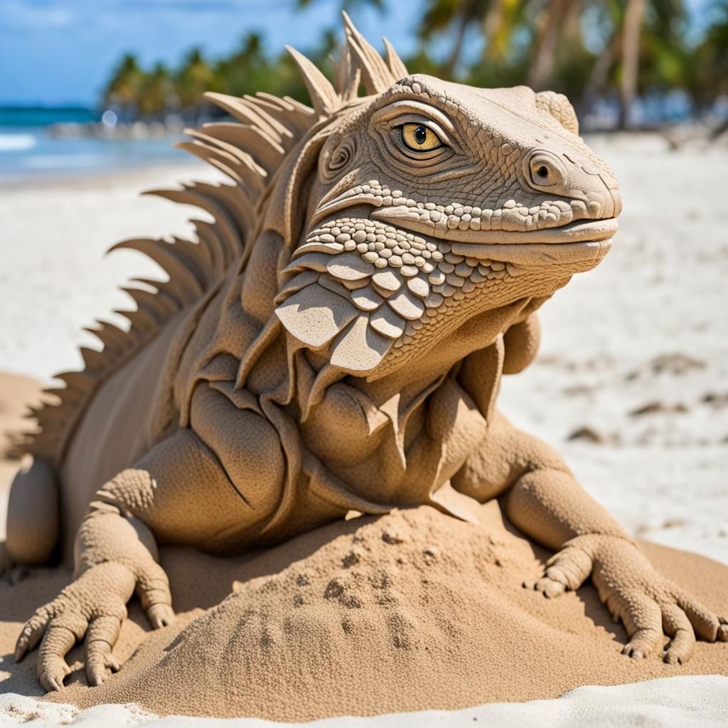 Sand Iguana Portrait Sculpture on a Beach