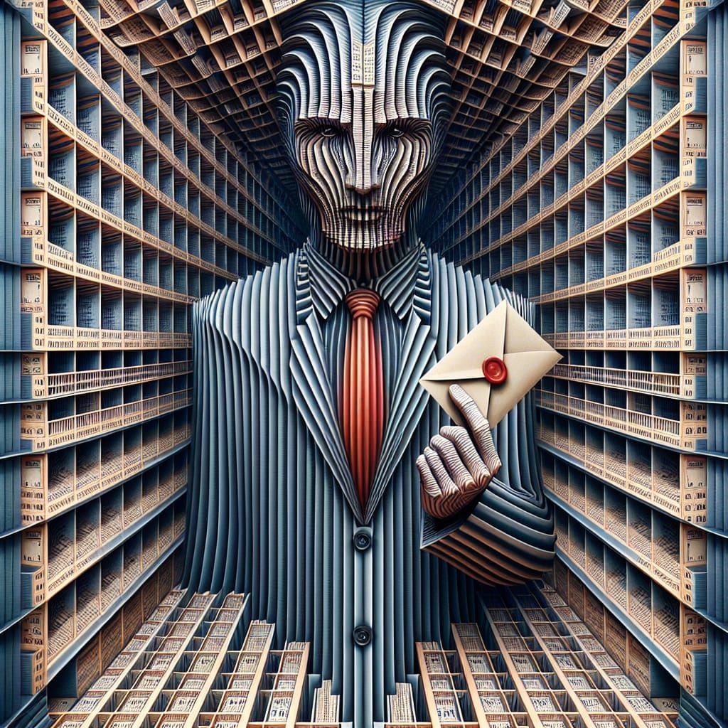 Surreal Figure in Pinstripes and Ledgers, Trapped in Optical...