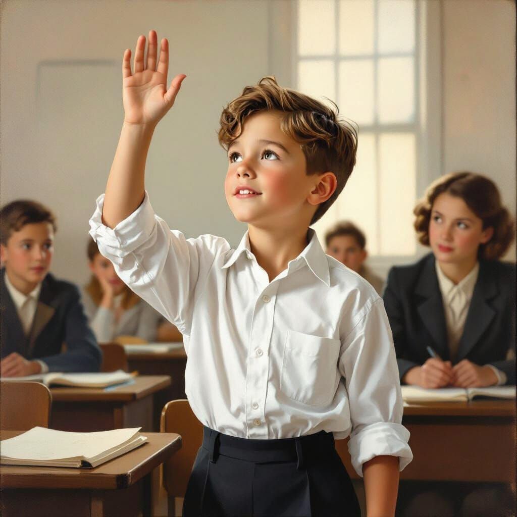 Boy Raising Hand in Class, Rockwell Style