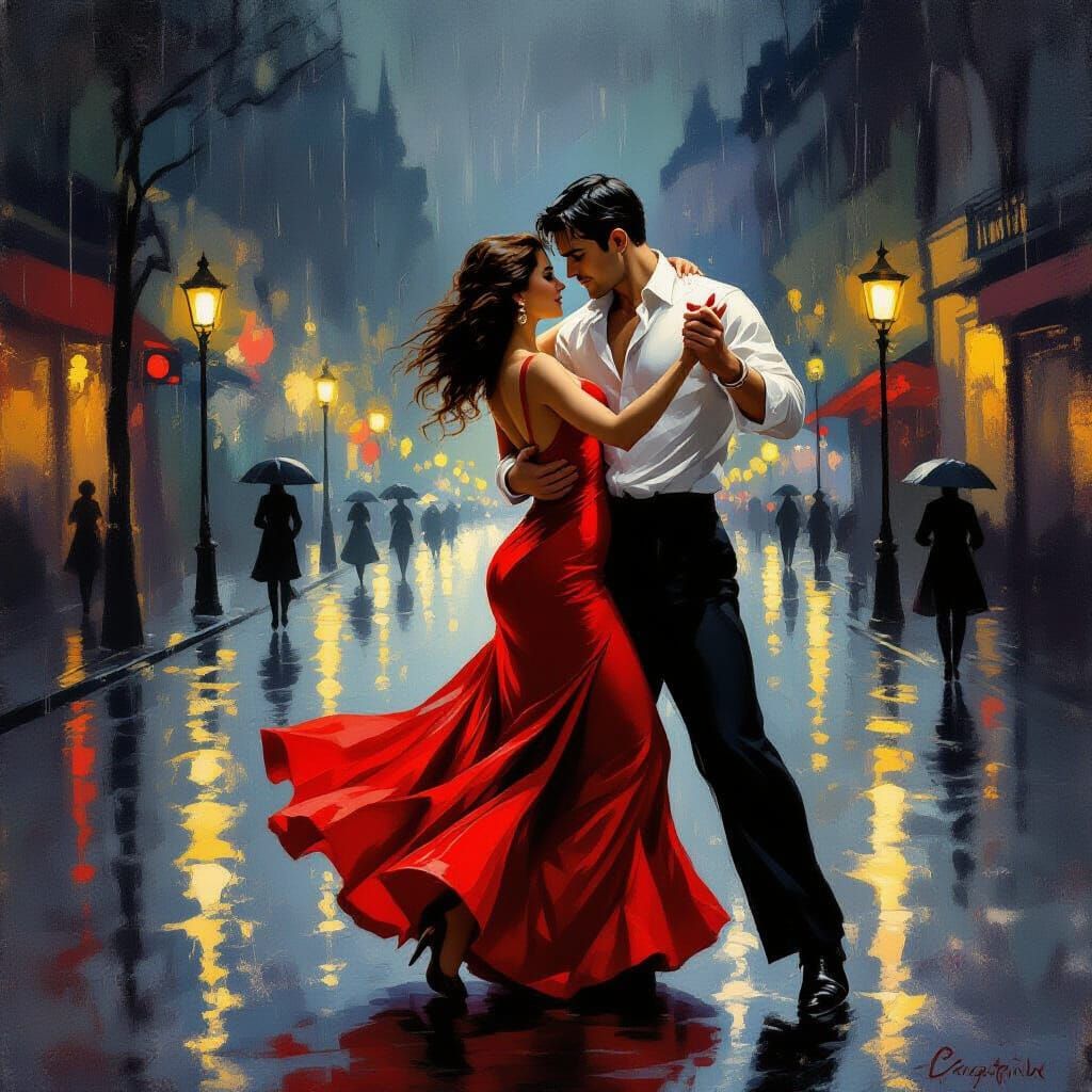 Elegant Tango Couple Dancing in the Rain, Art Nouveau Style