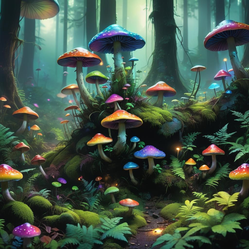 Rainbow Mushrooms in Misty Forest: Fantasy Illustration