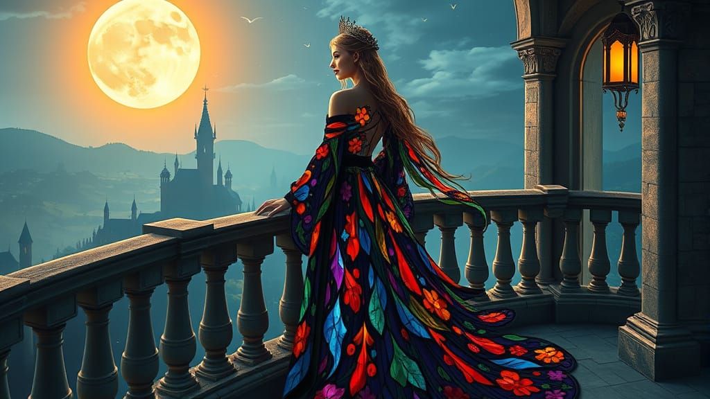 Fantasy Queen in Stained Glass Gown Overlooks Moonlit Kingdo...