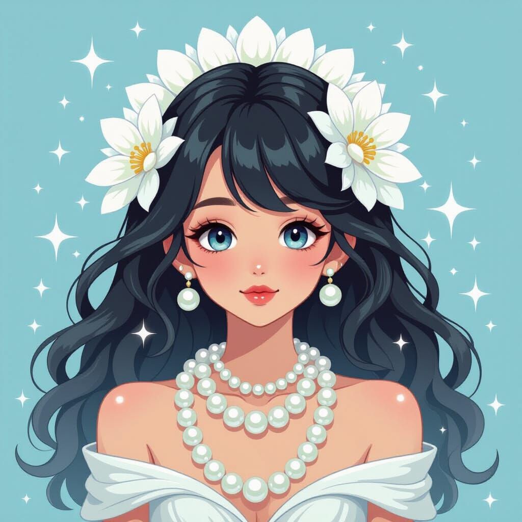 Girl Adorned with Luminous Pearls in Playful Style