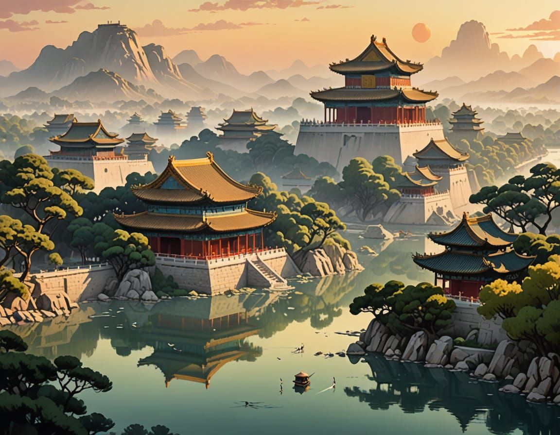 Traditional Chinese Imperial Palace in Golden Light
