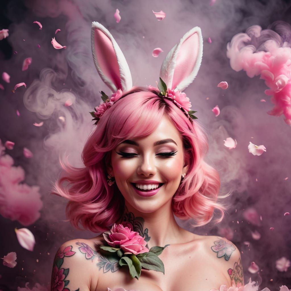Laughing Pinup Model with Floral Tattoos and Bunny Ears