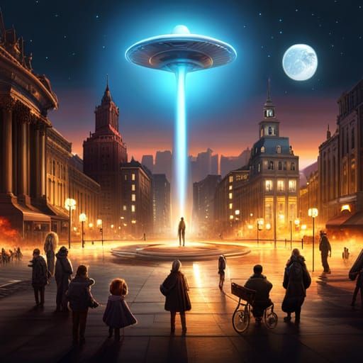 UFO and Alien in City Square: Detailed Concept Art