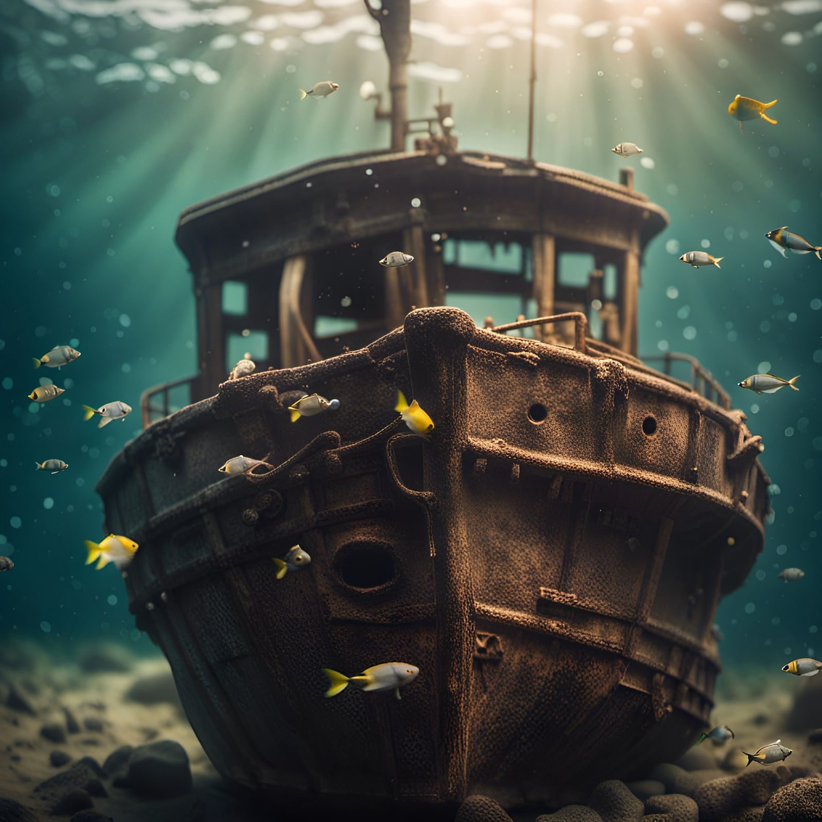 Mysterious Underwater Shipwreck with Fish in Photorealistic ...