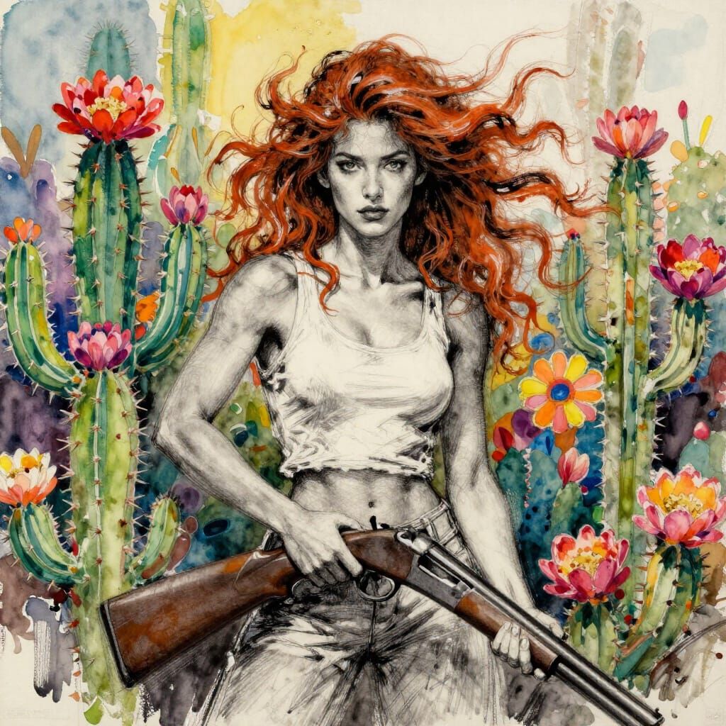 Cowgirl with Shotgun in Stylized Charcoal & Watercolor