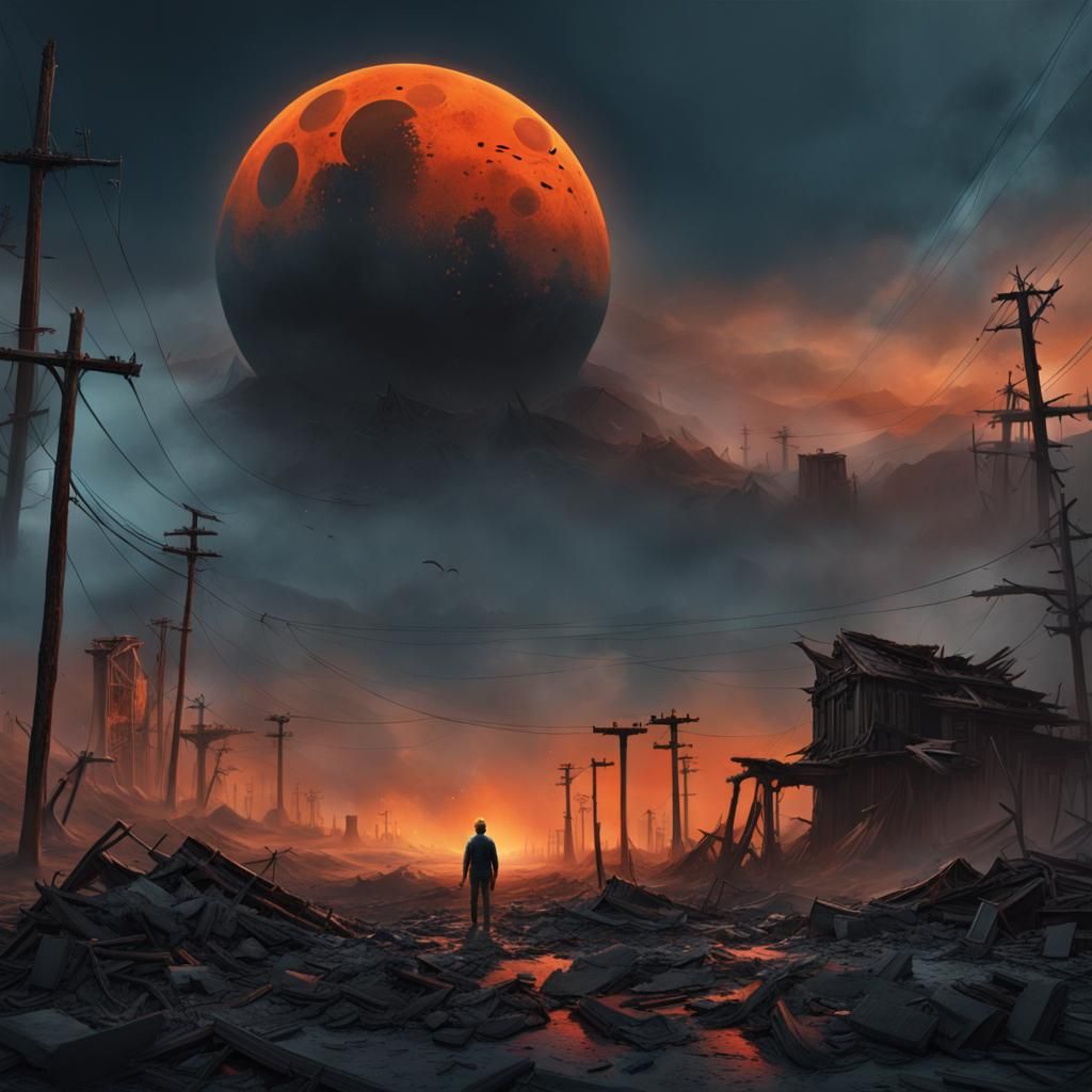 Ominous Black Moon Over Earthquake Landscape