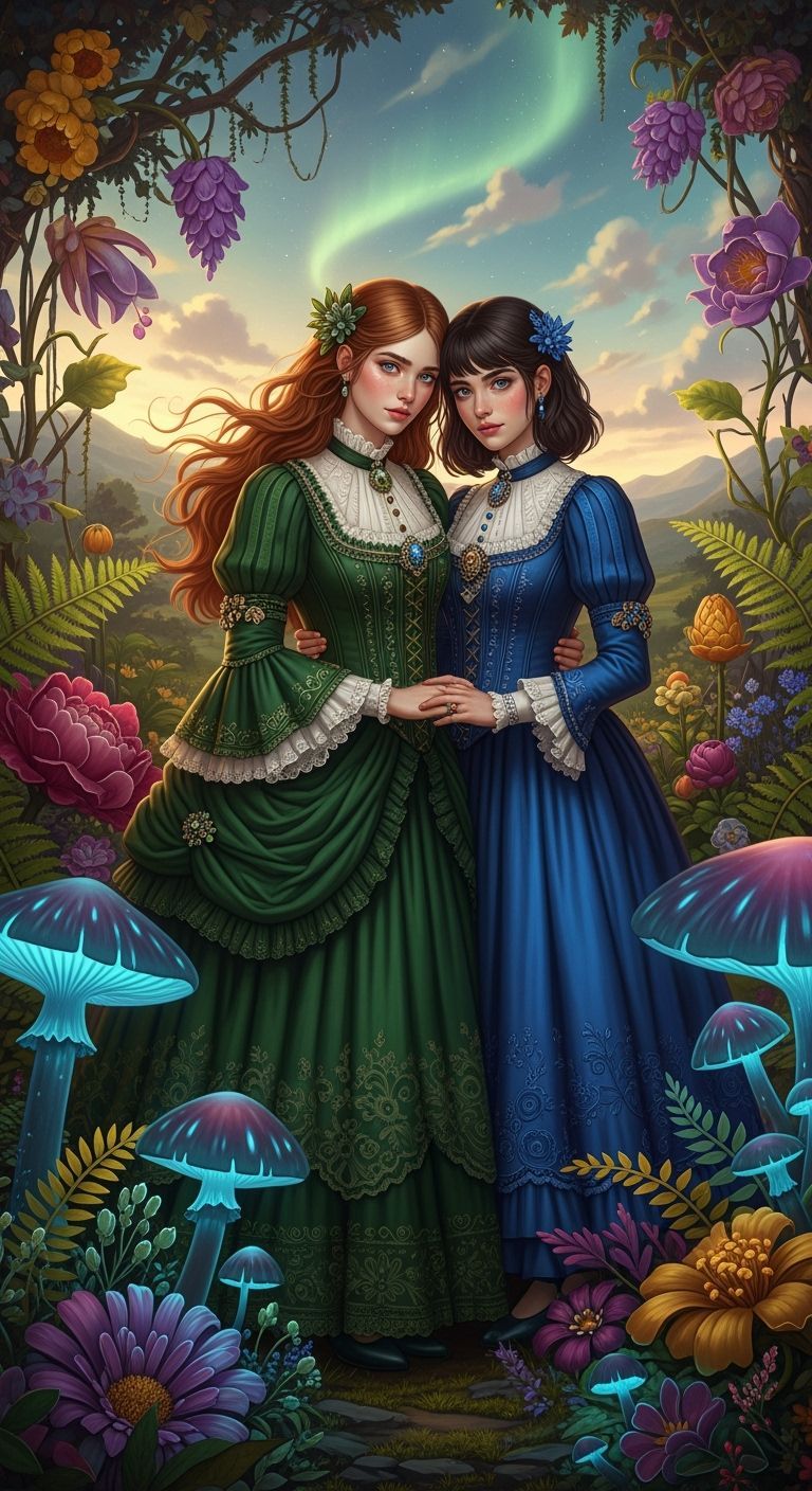Whimsical Victorian Women in Lush Landscape