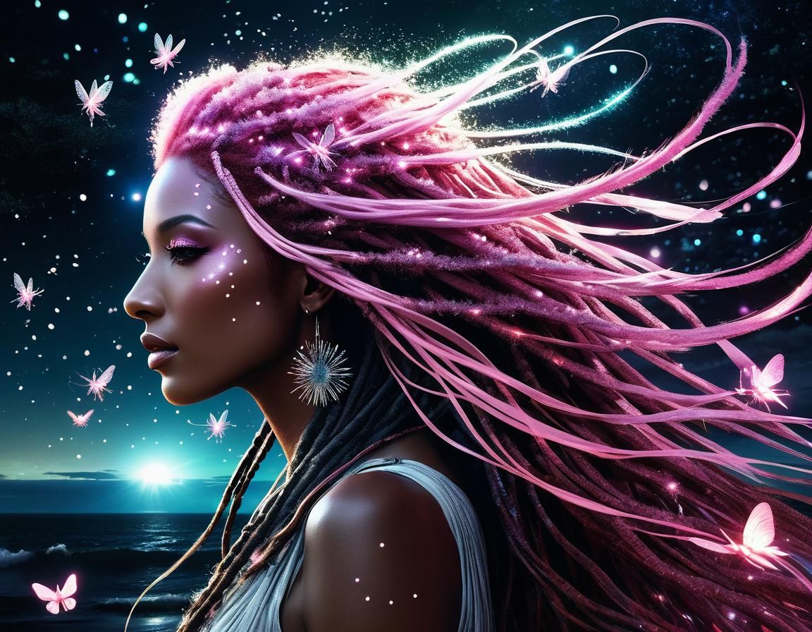 Pegasus Girl with Pink Dreadlocks in Astral Setting