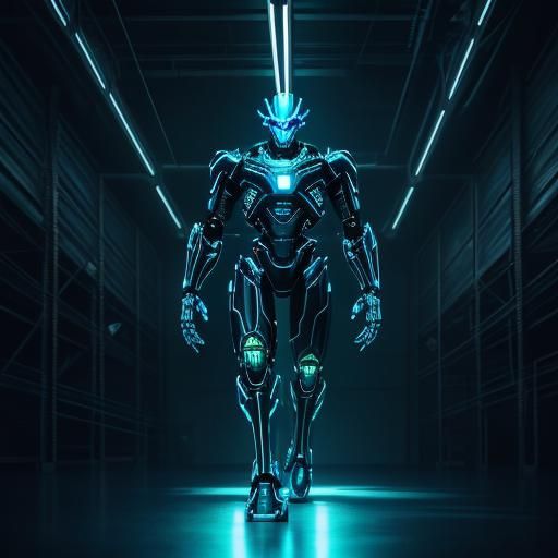 Sci-Fi Robot with Glowing Neon Lights in Warehouse