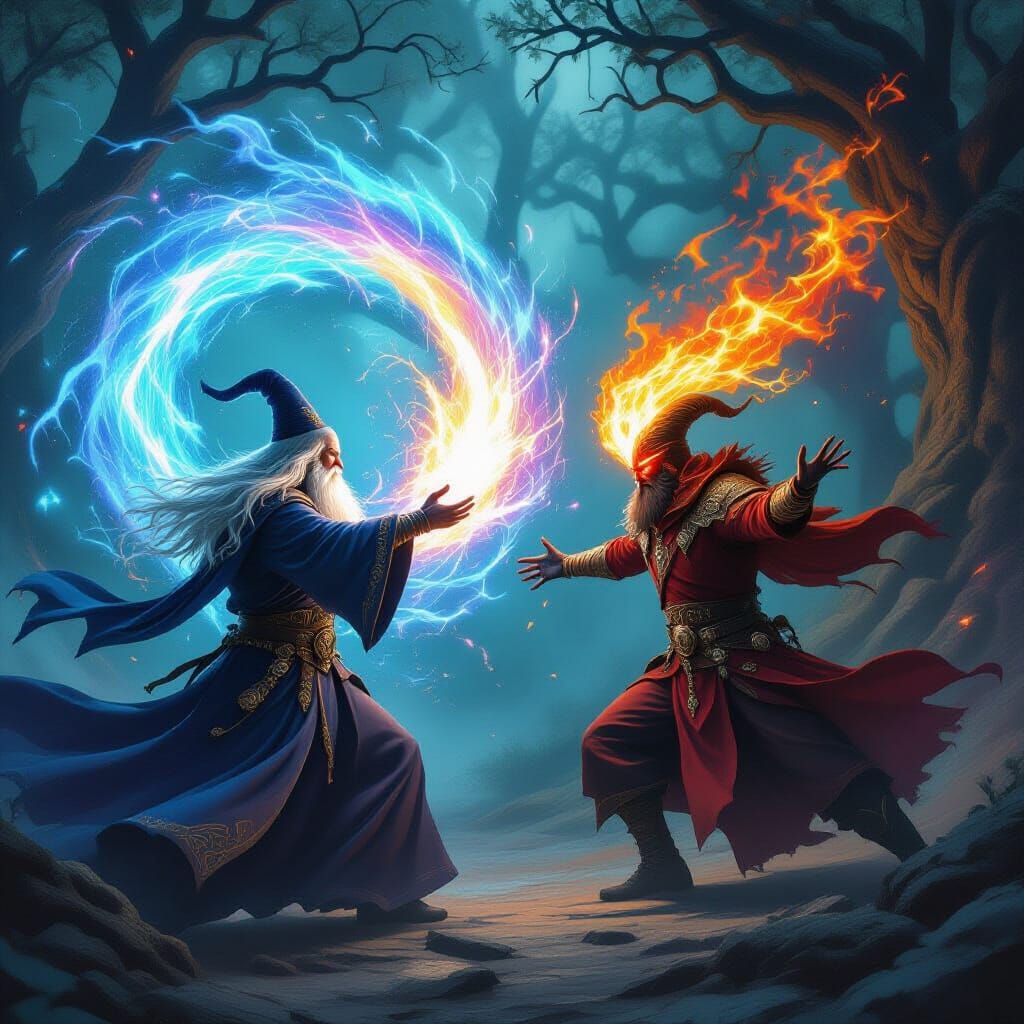 Wizard and Warlock Duel in Enchanted Forest
