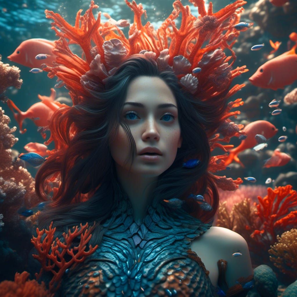Realistic Mermaid Portrait with Coral Reef Details